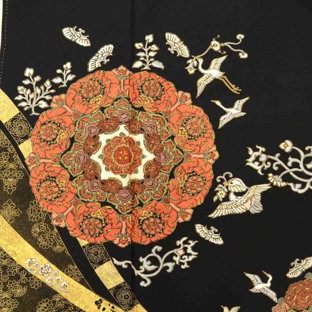 中古】 黒留袖 袋帯 正絹 比翼付き 金駒刺繍 身丈165cm L 裄66cm 黒色