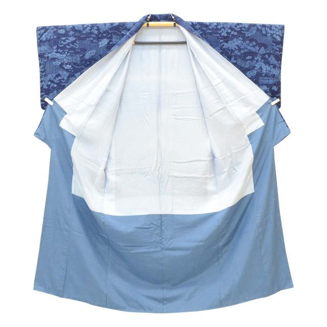 中古】 リサイクル着物 真綿紬 本藍染 袷 正絹 仕立て上がり 証紙有り