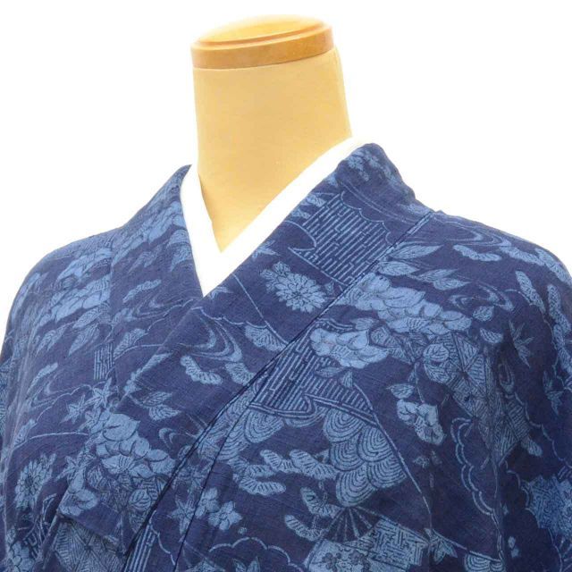 中古】 リサイクル着物 真綿紬 本藍染 袷 正絹 仕立て上がり 証紙有り