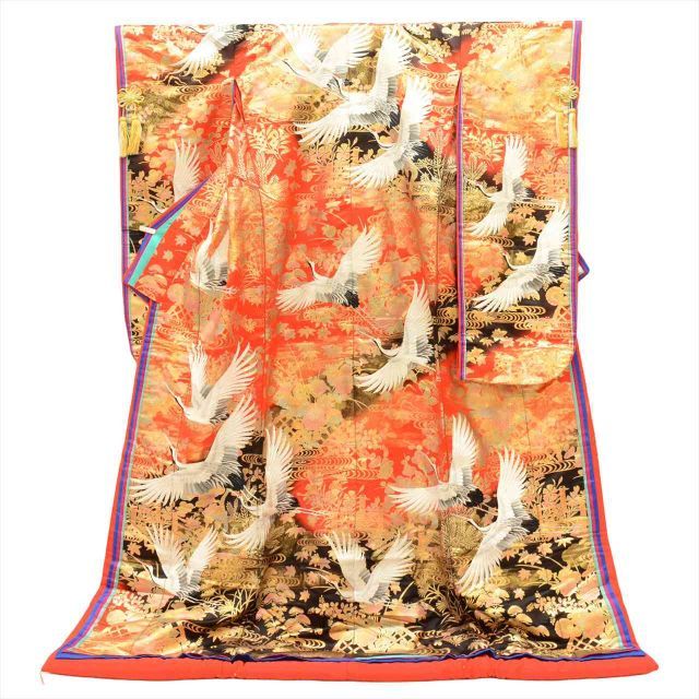 オレンジ色 鶴模様 着物 中古】 色打掛 正絹 身丈199cm LL 裄65cm 仕立て上がり リサイクル着物
