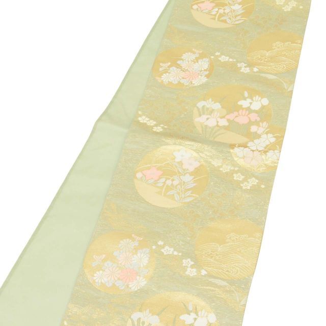 中古】 袋帯 リサイクル 正絹 夏物 夏美品 仕立て上がり 緑色系 丸/花