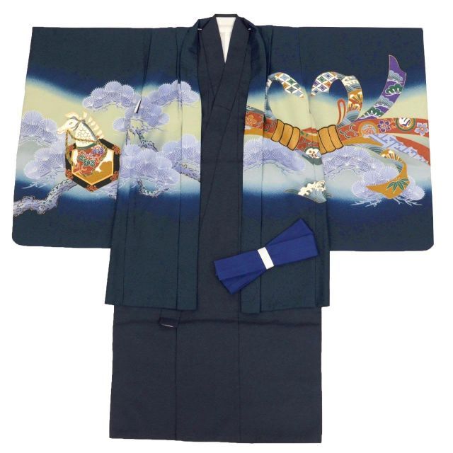 【未使用品】七五三　五歳　男児　リサイクル　正絹 中古】 リサイクル 七五三 男の子 5歳 2点セット 化繊 着物 羽織 美品