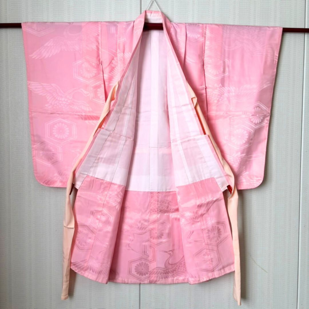 女子着物セット 着物 長襦袢 セット 鶴文様 金彩 ピンク系 華やか