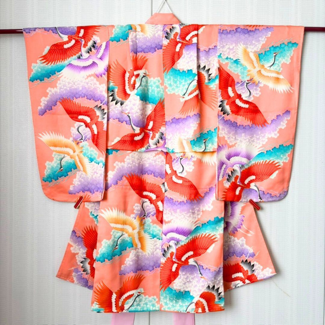 女子着物セット 着物 長襦袢 セット 鶴文様 金彩 ピンク系 華やか