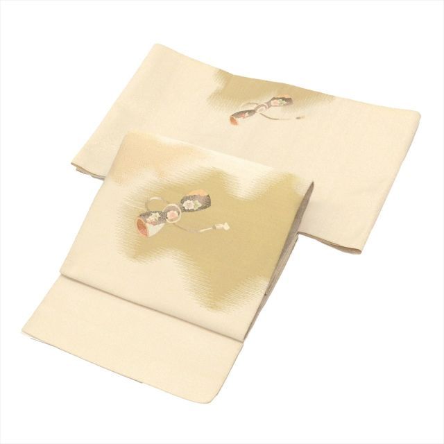 [美品] 名古屋帯　正絹　お太鼓柄　クリーム色　訪問着　付け下げ　無地　略礼装 美品] 名古屋帯 正絹 お太鼓柄 クリーム色 訪問着 付け下げ 無地 略礼装