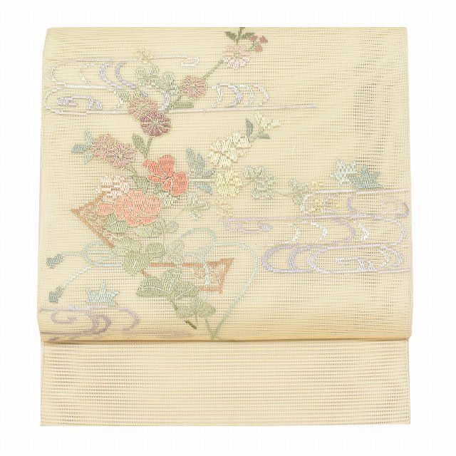 美品［ 名古屋帯 ］正絹 ベージュ系統 名物裂 鹿 シカ 街着 着物 着物さと