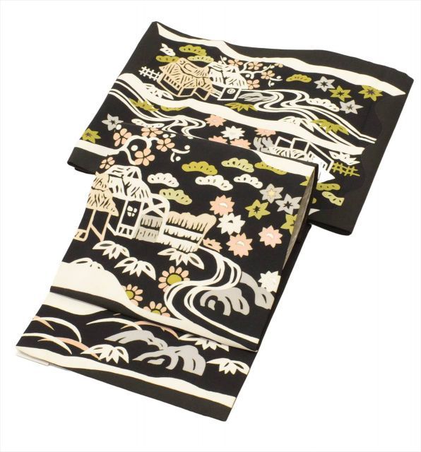 中古】 名古屋帯 正絹 九寸 仕立て上がり リサイクル名古屋帯 黒色系