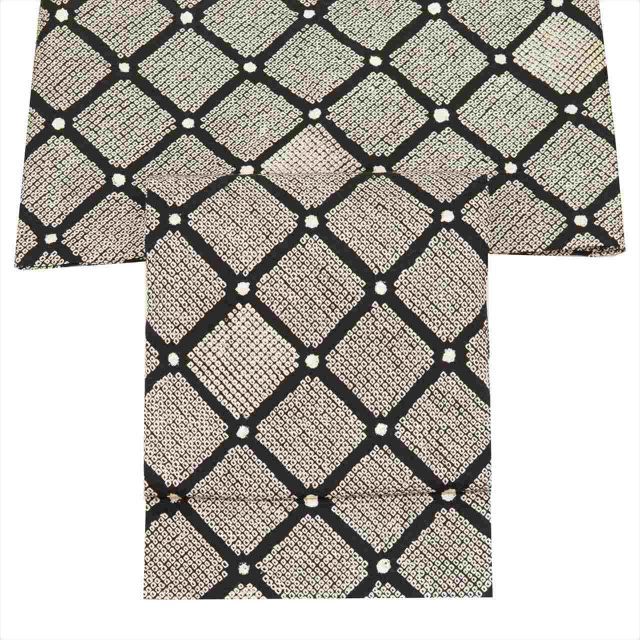 中古】 名古屋帯 正絹 九寸 リサイクル帯 仕立て上がり 黒色系 菱文様