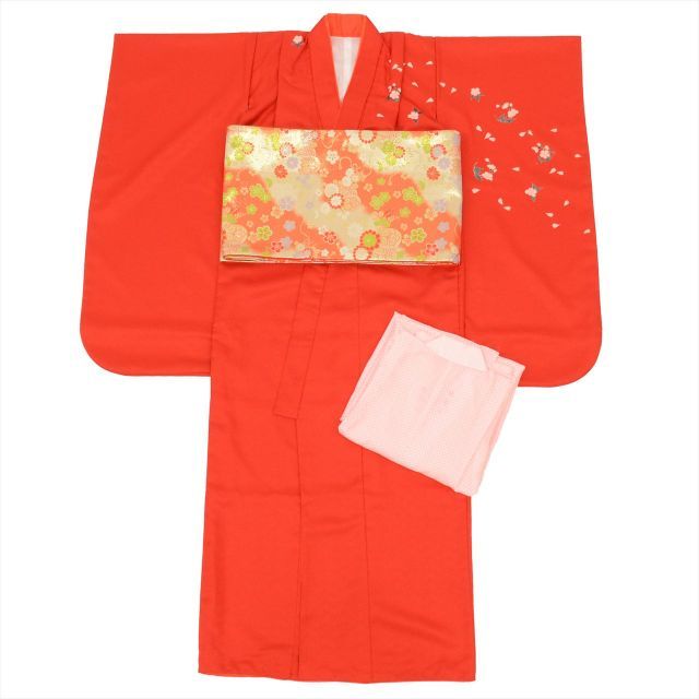 中古】 七五三 女の子 7歳 3点セット 化繊 着物 帯 長襦袢 重ね衿付き
