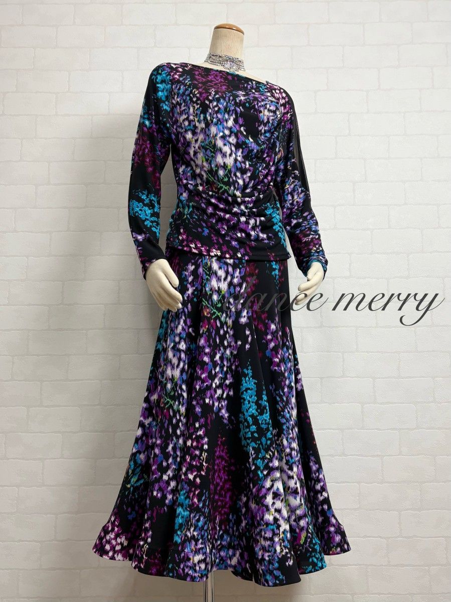 新品 Lサイズ 社交ダンス 黒 紫 青 ツーピース 1115 ドルマン 長袖