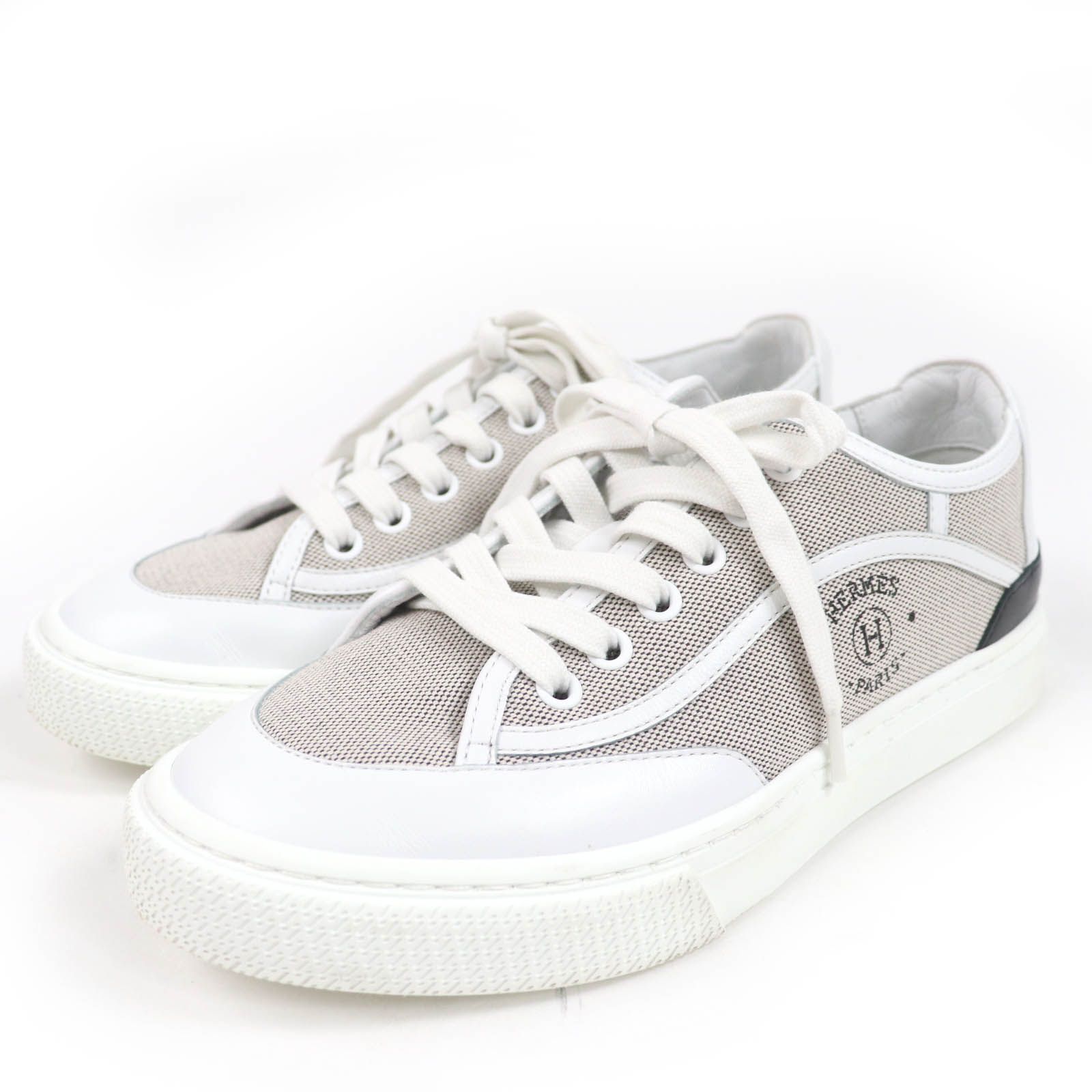 美品☆HERMES エルメス ゲット ロゴデザイン ファブリック レザー使い ローカットスニーカー ホワイト グレー 35 イタリア製 レディース 美品☆HERMES エルメス ゲット ロゴデザイン ファブリック レザー使い