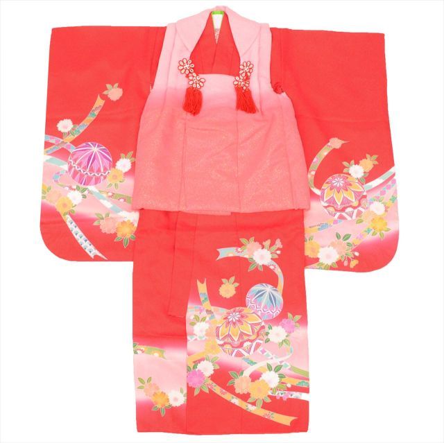 中古】 七五三 女の子 3歳 3点セット 着物 被布 長襦袢 化繊 仕立て