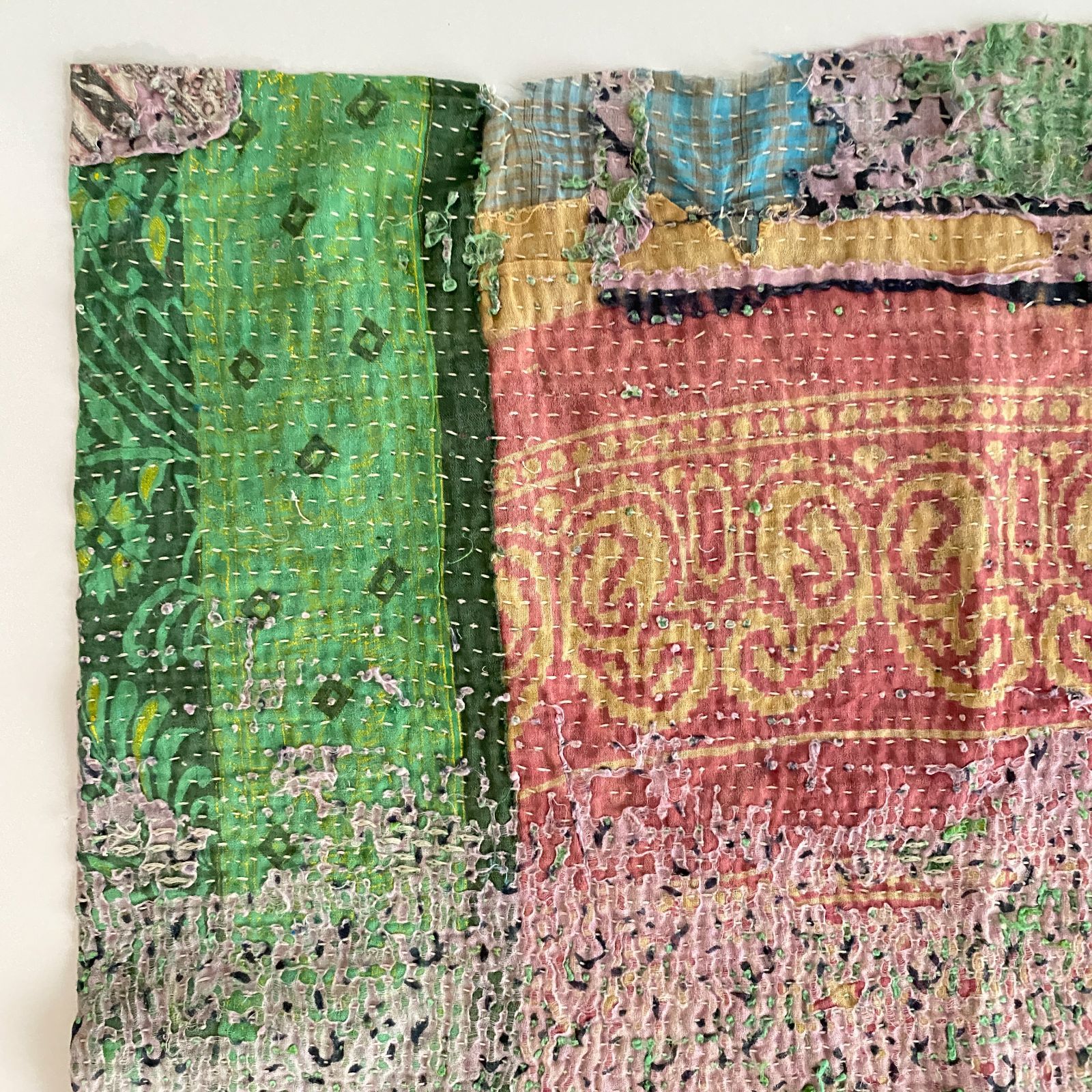 ヴィンテージラリーキルト　カンタキルト　緑系 3518 ラリーキルト カンタキルト オールドファブリック ハギレ インド