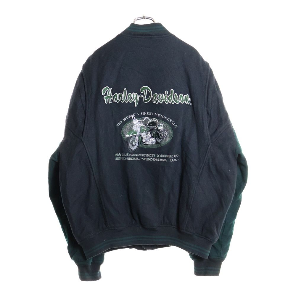 HARLEY DAVIDSON (ハーレーダビッドソン) バックエンブロイダリーデザイン ジップアップ バイカージャケット ブラック/グリーン
