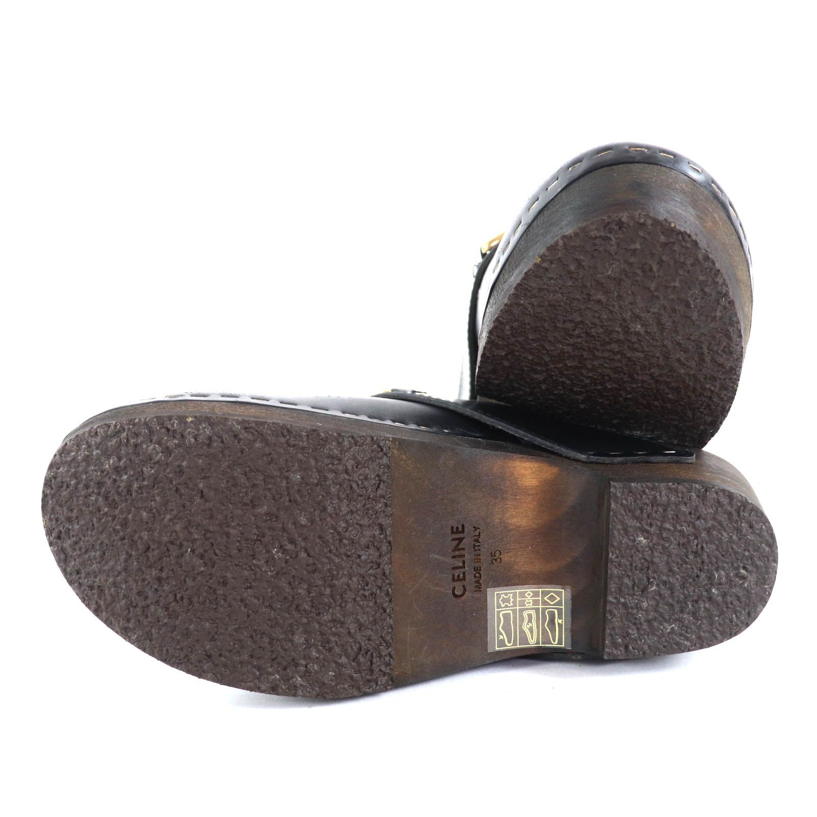 極美品◇CELINE セリーヌ CWZA09 トリオンフビット ウッドソール レザー サボ サンダル ブラック ゴールド金具 35 イタリア製 レディース 極美品◇CELINE セリーヌ CWZA09 トリオンフビット ウッドソール