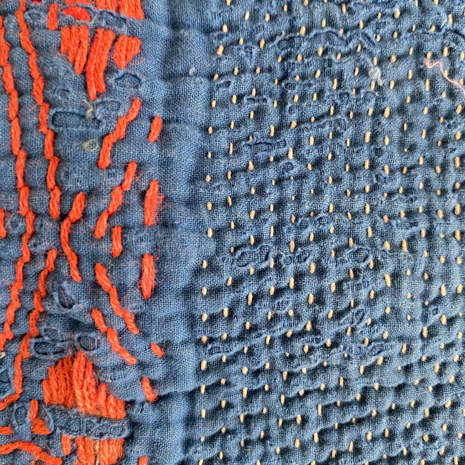 インド製ヴィンテージカンタ38 ラリーキルト ブルー グリーン オレンジ 3521 ラリーキルト カンタキルト オールドファブリック ハギレ インド