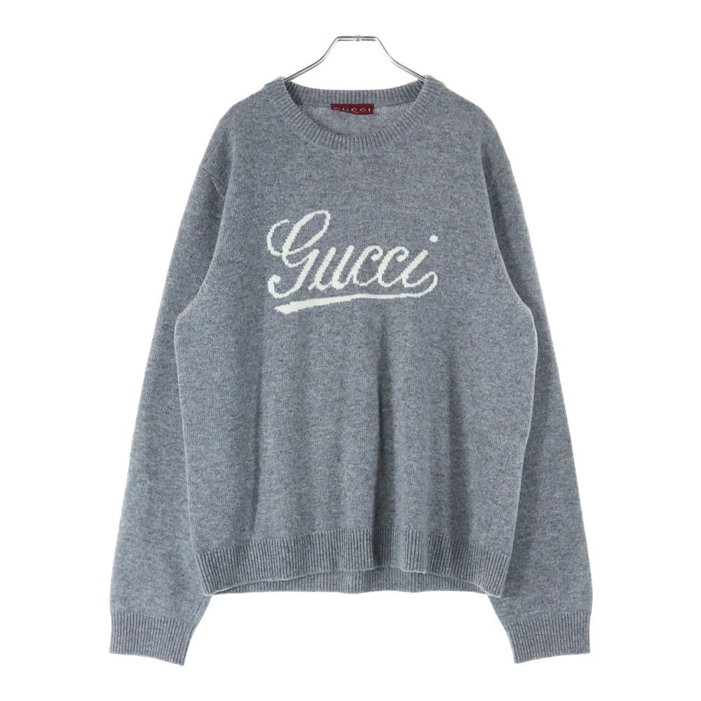 GUCCI (グッチ) ロゴ刺繍 インターシャ ウールニットセーター グレー