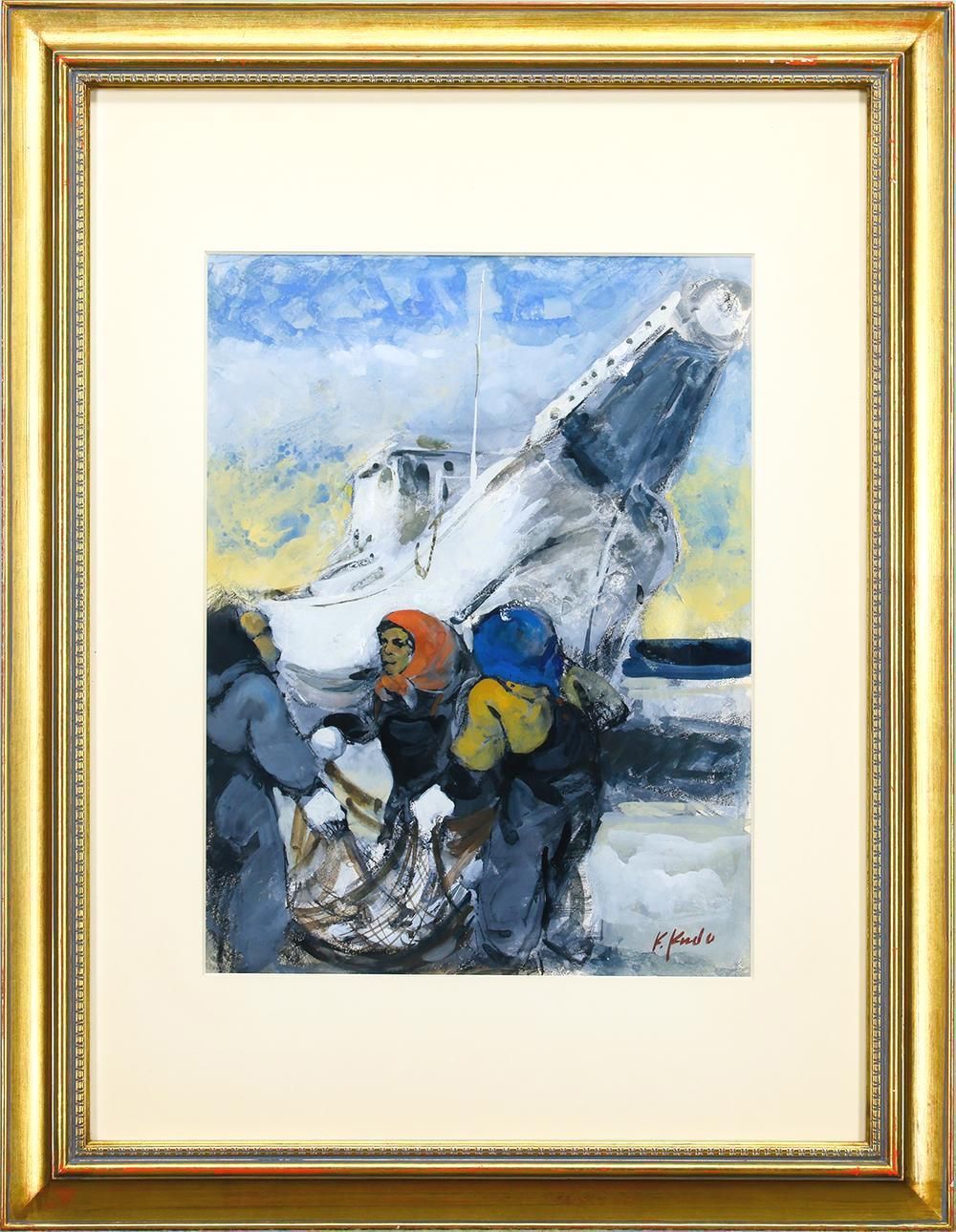 真作】【WISH】工藤和男「船と人」水彩 6号 海と生きる漁師たちの情景