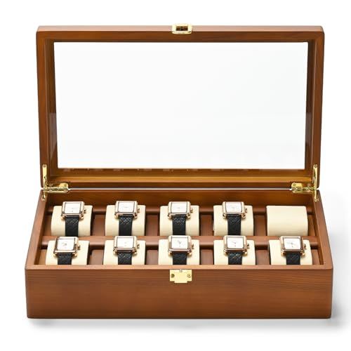 【新品】Oirlv 時計ケース 木製 腕時計 ケース 10本 ロック付き 時計収納ボックス 持ち運び 高級 おしゃれ 適格請求書に対応 X04801 (ベージュ)