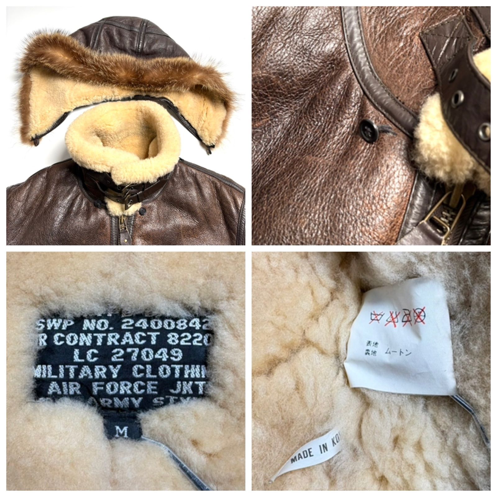 羊革】MILITARY CLOTHING リアルムートンジャケット B-3 茶 M フライト 