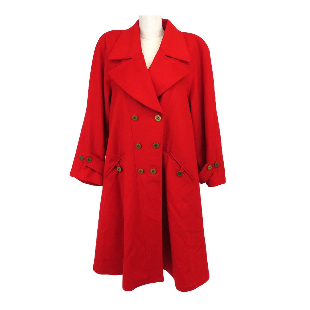 シャネル　CHANEL ロングコート　金ボタン　ココマーク　レッド　春秋 シャネル ココマーク ヴィンテージ カシミヤ ロング コート
