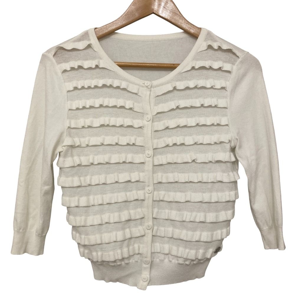 美品 FOXEY フォクシー 七分袖 クルーネック ショート丈 フリル