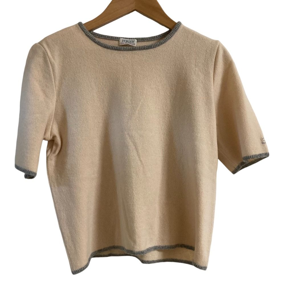 美品 FOXEY フォクシー カシミヤ100％ 配色トリム カーディガン 半袖