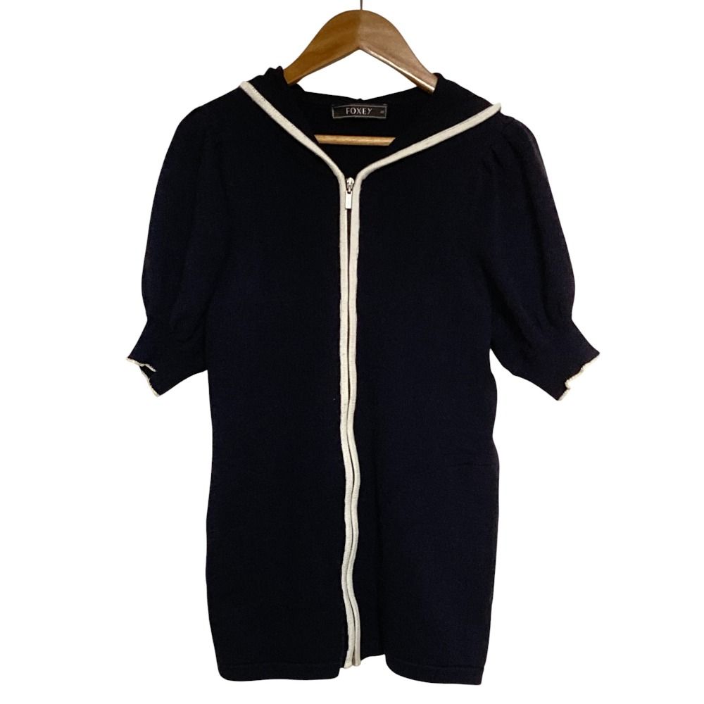 美品 FOXEY フォクシー ニット パーカー 28769 サイズ40 ネイビー