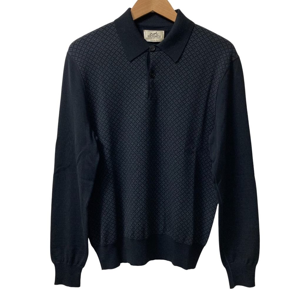美品 HERMES エルメス H柄 ロングスリーブ 長袖 ニットポロシャツ