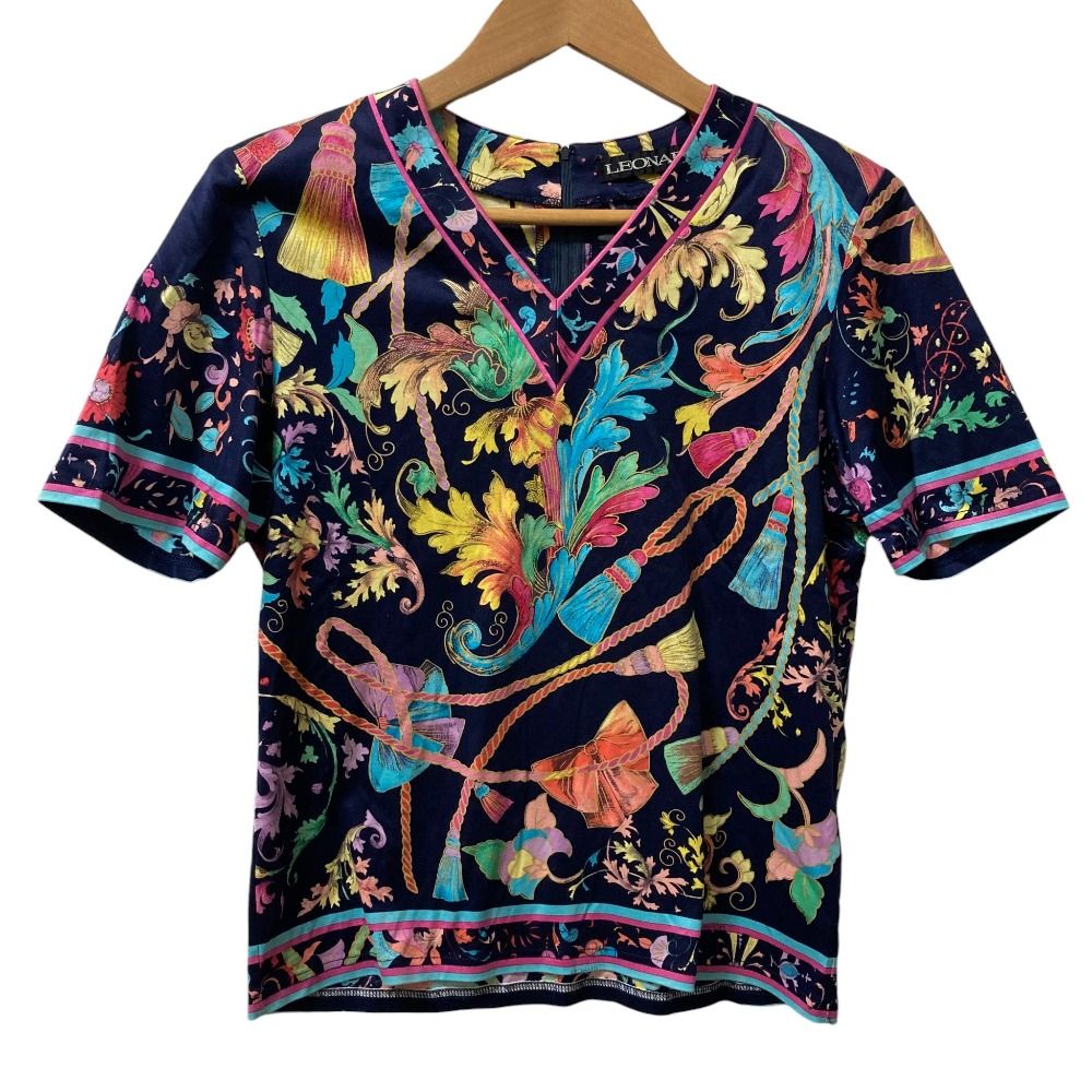 美品 LEONARD レオナール Vネック リボン ロープ プリント 半袖