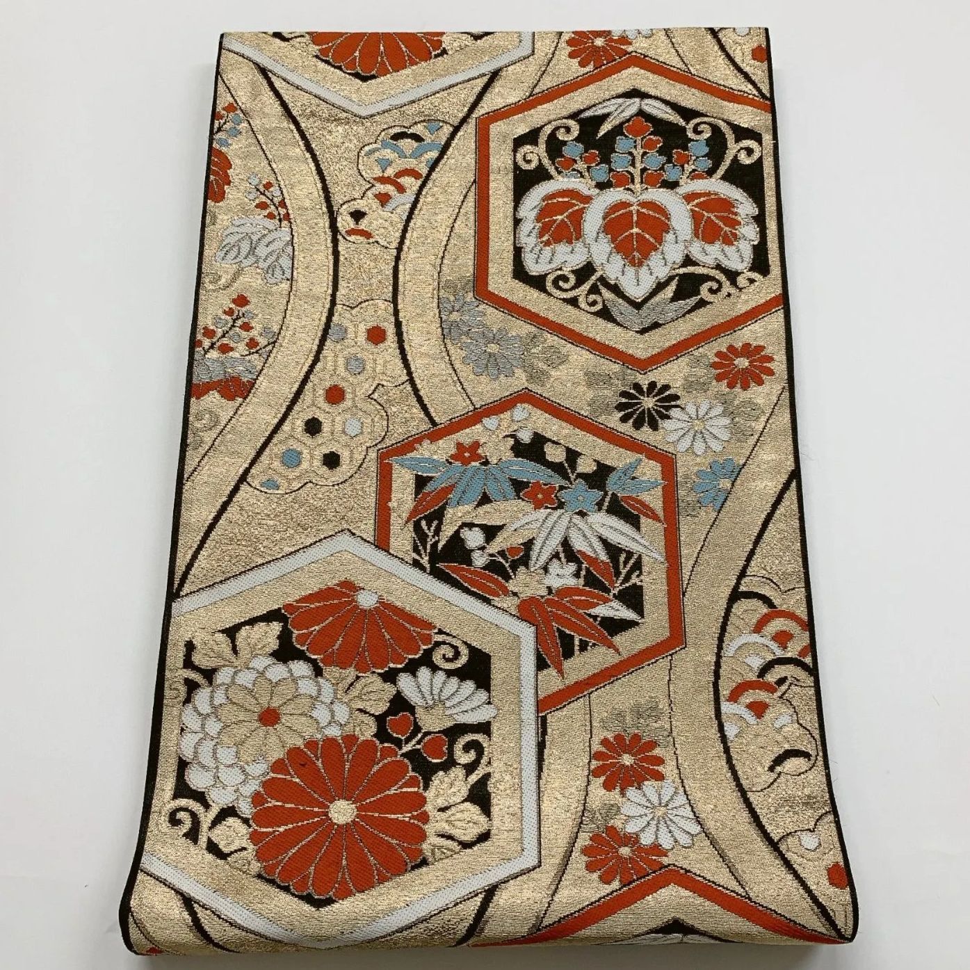 6284］袋帯 桐笹竹花亀甲文様 金糸 六通 正絹 着物 フォーマル 黒