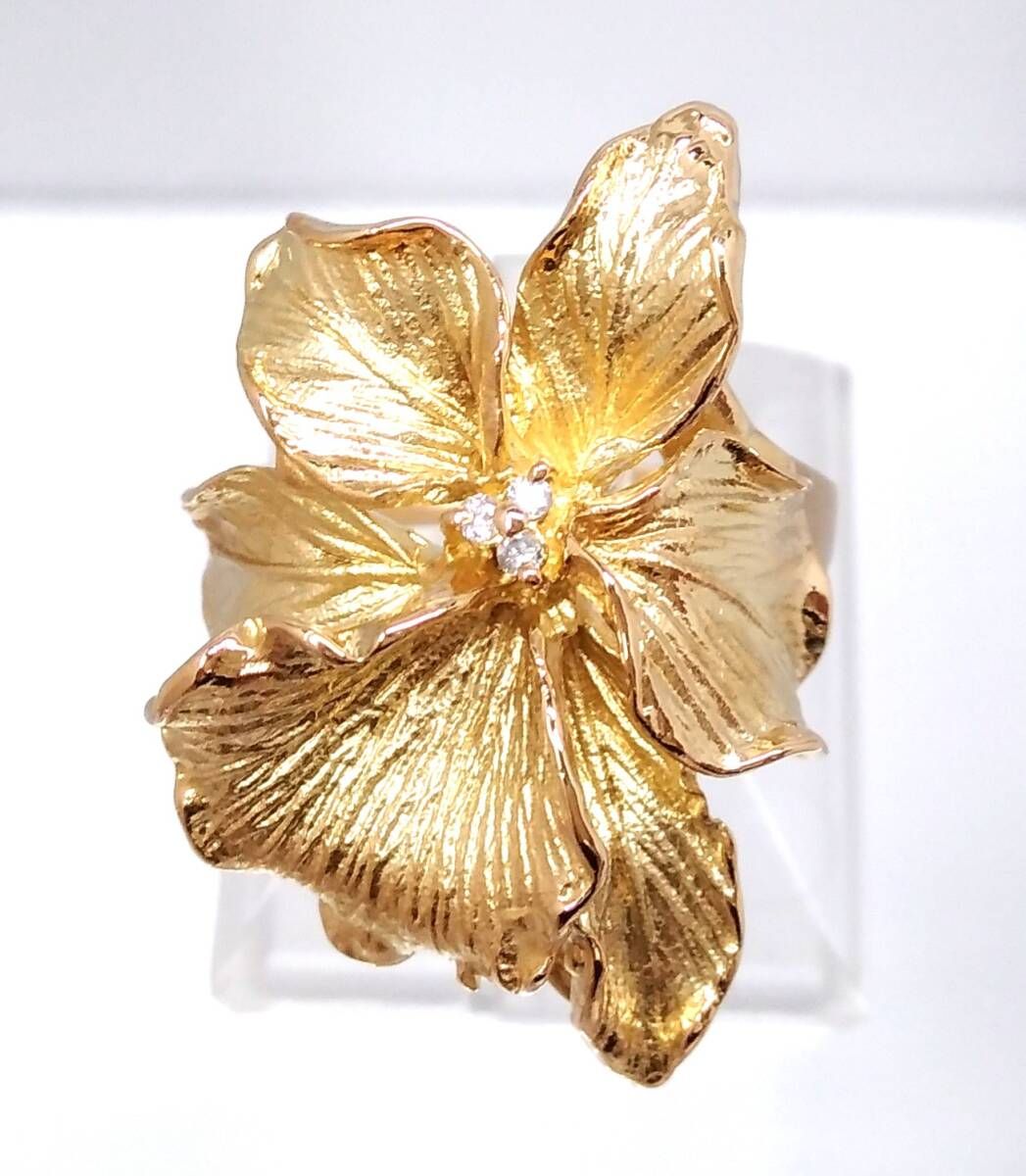 新品仕上げ済】 K18 クリアストーン フラワーモチーフ デザインリング