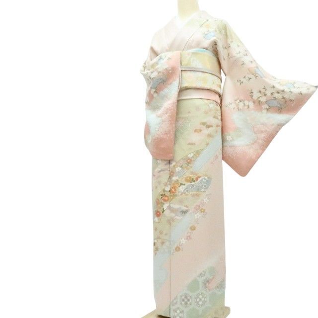 百華❀Y4248◇金駒刺繡 銀通し 絞り 手縫い仕立て 正絹 菊 松竹梅