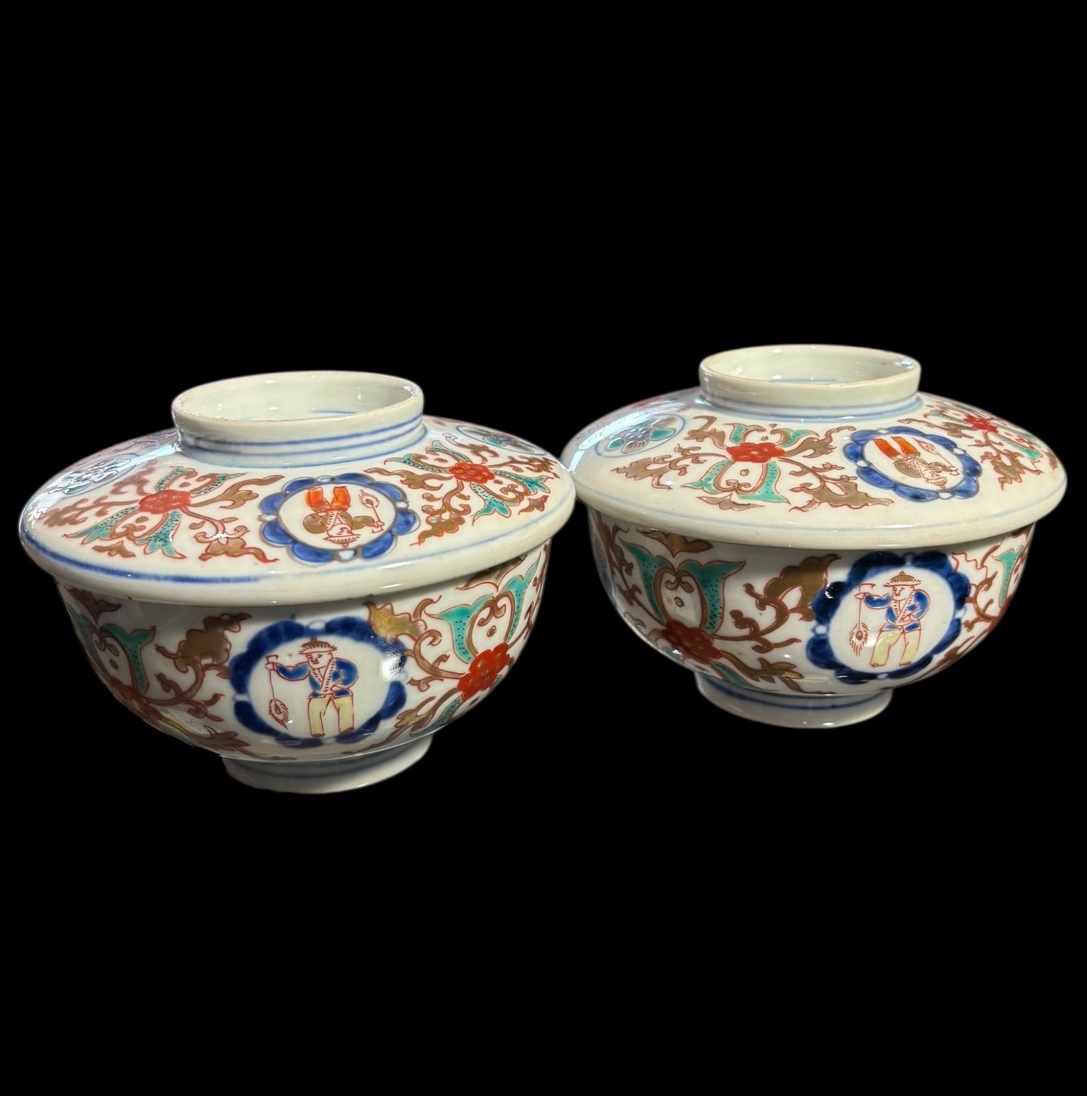 2客セット】古伊万里 金彩 蓋付き椀 人物文図 富貴春長 色絵 蓋物 汁椀