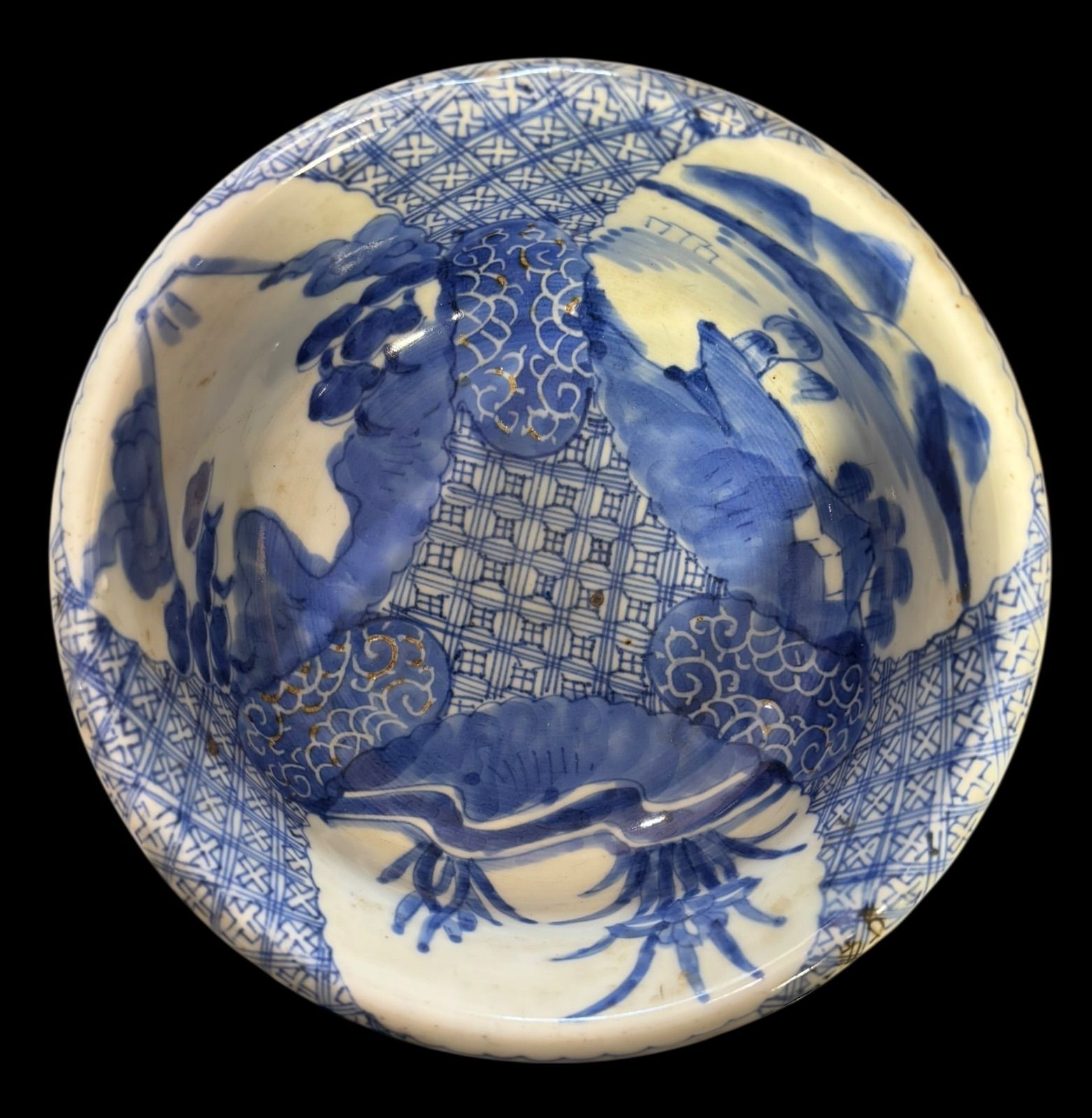 3組鉢 時代物 染付 大鉢 草花風景文図 鉢 盛り皿 飾り皿 古伊万里 古