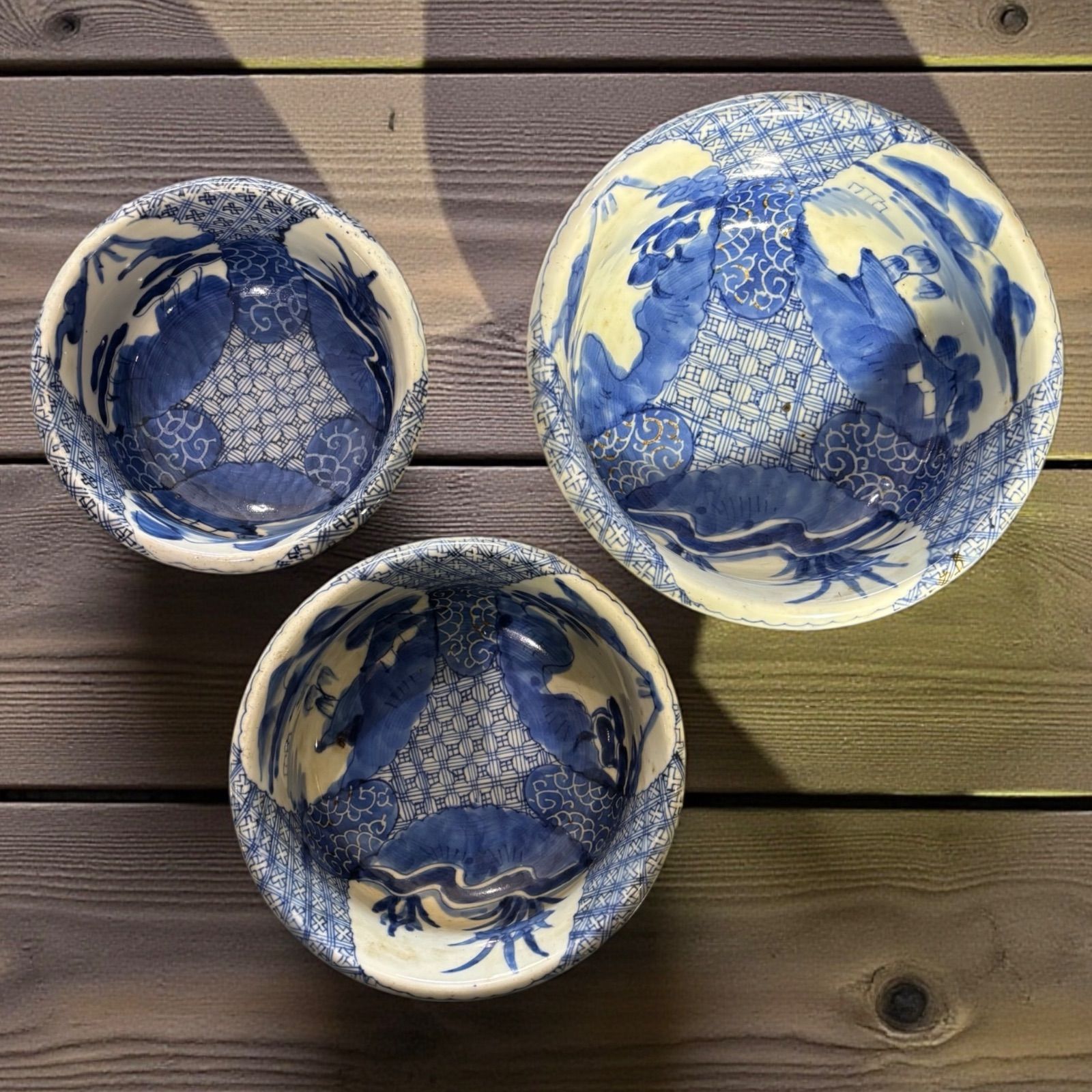 3組鉢 時代物 染付 大鉢 草花風景文図 鉢 盛り皿 飾り皿 古伊万里 古