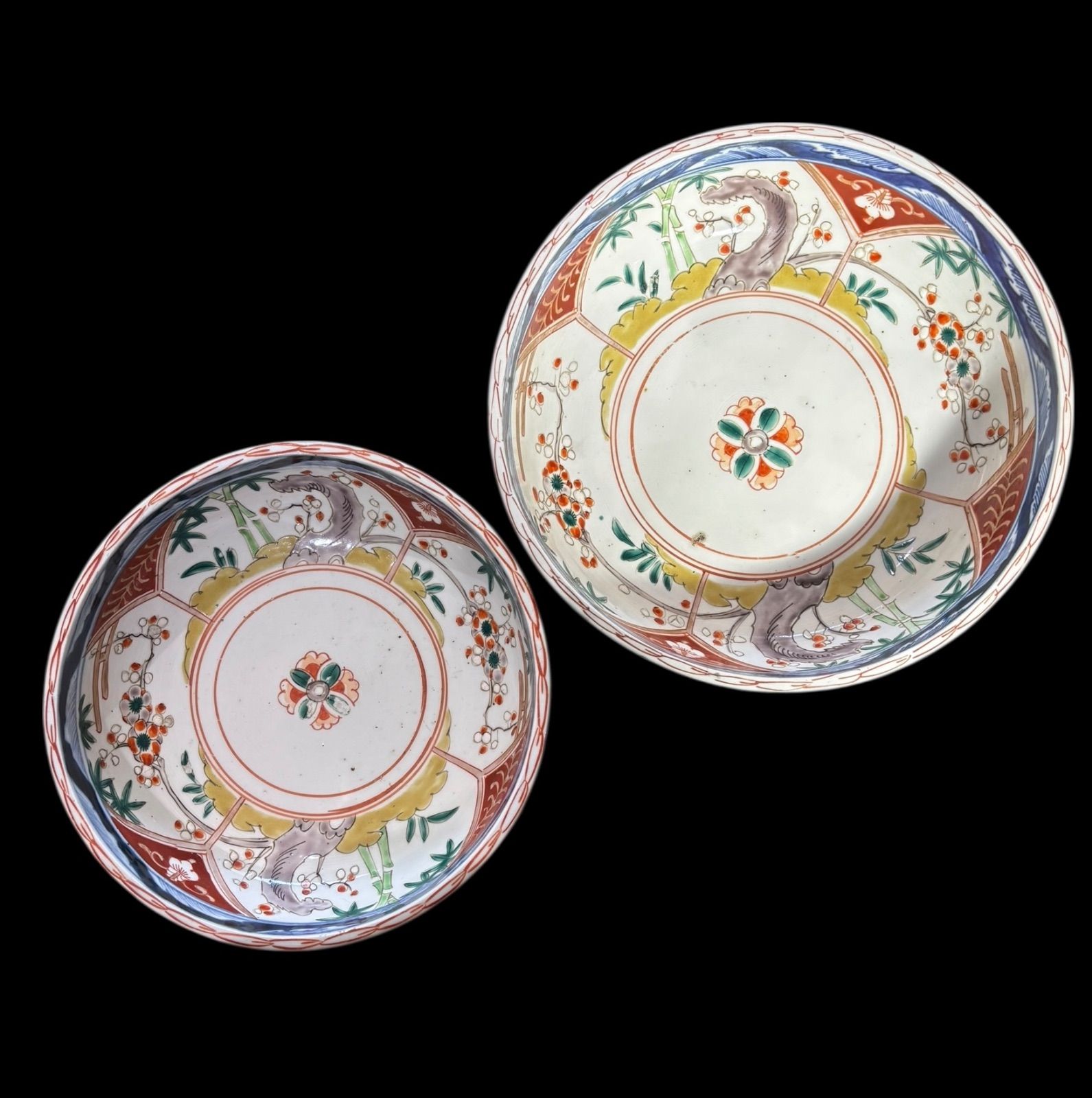 2組鉢 古伊万里 大鉢 竹梅文図 赤絵 色絵 鉢 丸皿 盛り皿 飾り皿