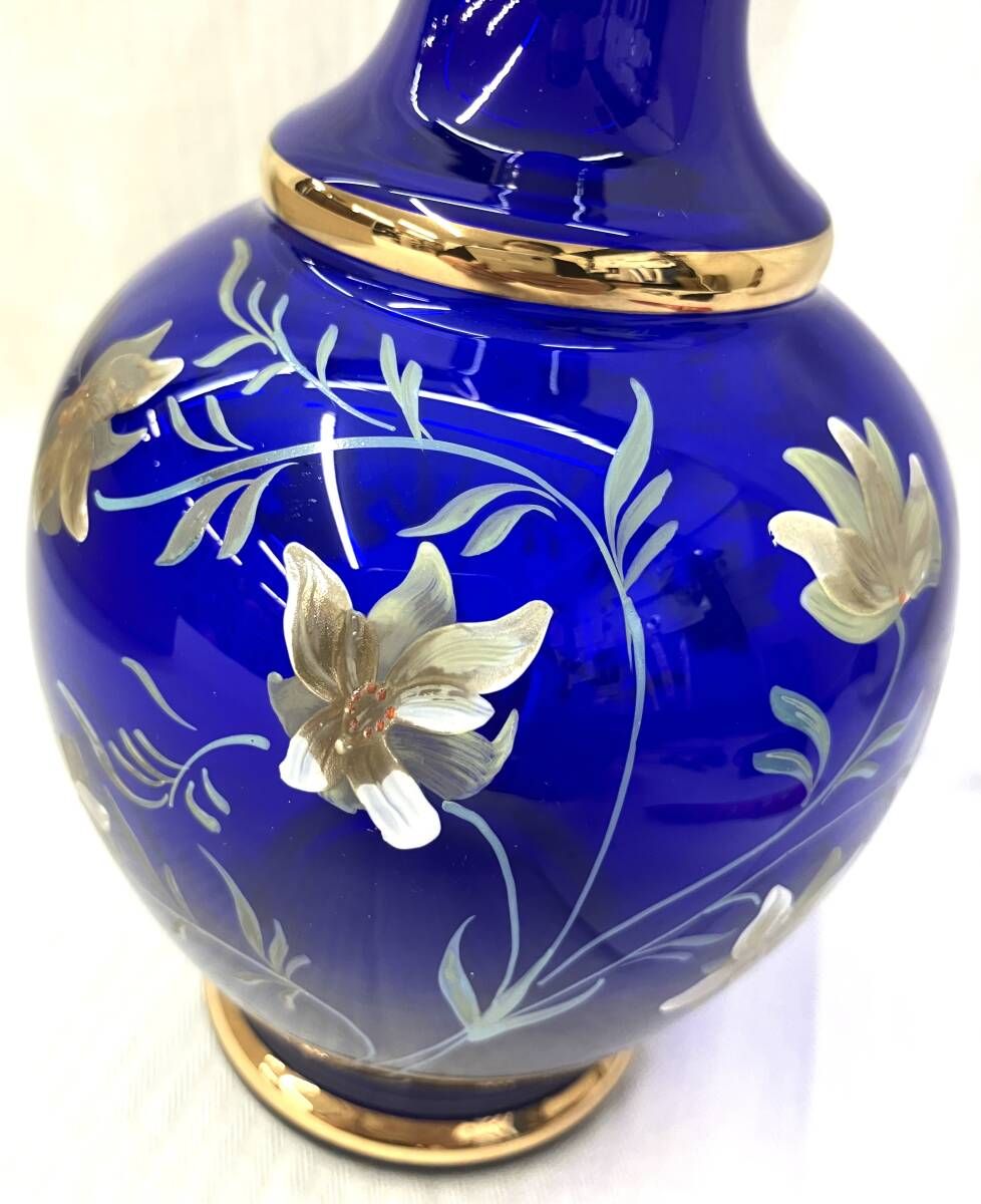 箱付】BOHEMIA ボヘミアクリスタル ガラス製 フラワーベース 花瓶 青