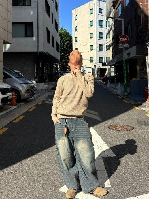 新作)ワークダブルニーバルーンデニムパンツ(ユニセックス，ウォッシュ，デニム，ワークウェア，カーペンター)