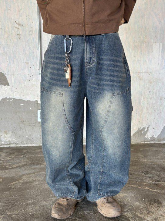 新作)ワークダブルニーバルーンデニムパンツ(ユニセックス，ウォッシュ，デニム，ワークウェア，カーペンター)