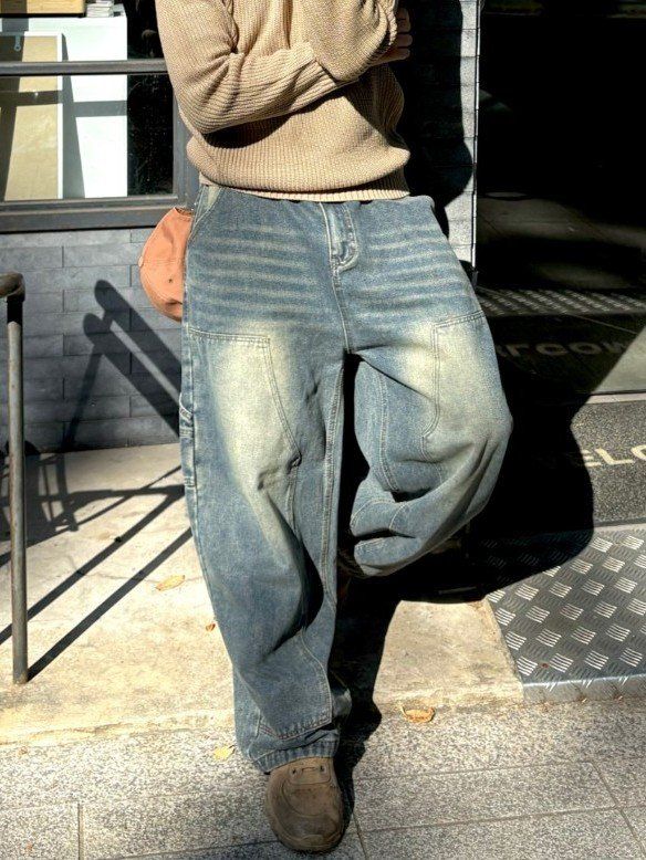 新作)ワークダブルニーバルーンデニムパンツ(ユニセックス，ウォッシュ，デニム，ワークウェア，カーペンター)