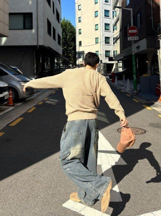 新作)ワークダブルニーバルーンデニムパンツ(ユニセックス，ウォッシュ，デニム，ワークウェア，カーペンター)