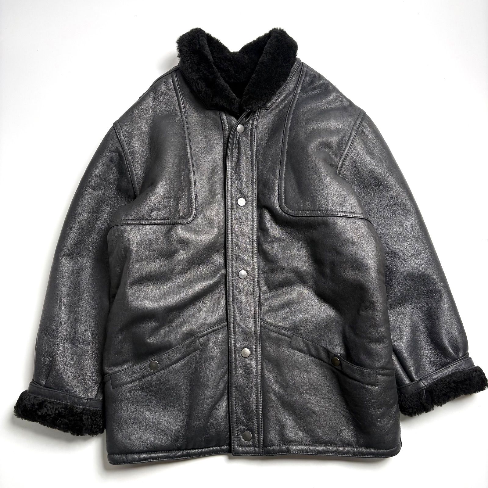 レザー ジャケット リアルムートン 羊革 ヴィンテージ 羊革】リアルムートンジャケット 黒 XL位 コート 本革 - メルカリ