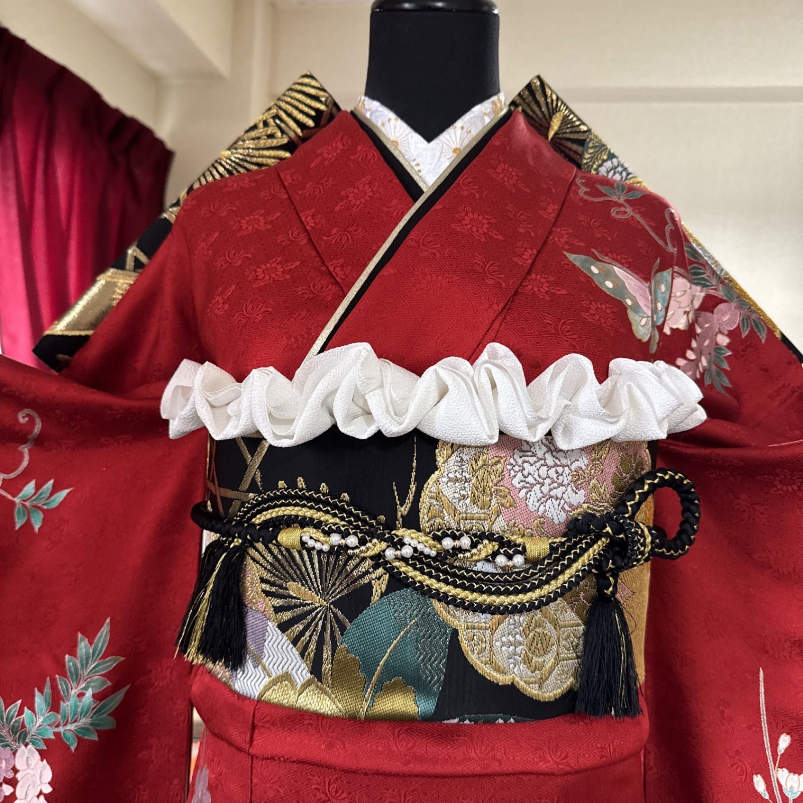 豪華振袖セット(4点)・袋帯・重ね衿・半衿・古典柄・鹿の子絞り