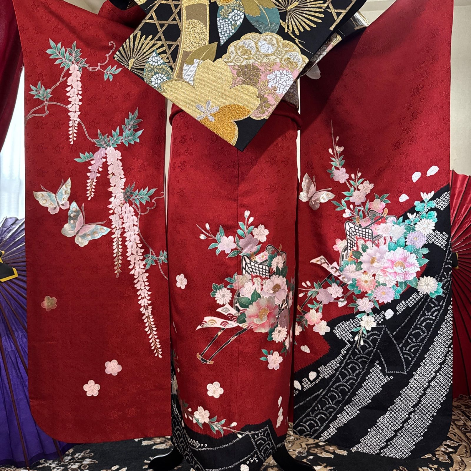 豪華振袖セット(4点)・袋帯・重ね衿・半衿・古典柄・鹿の子絞り