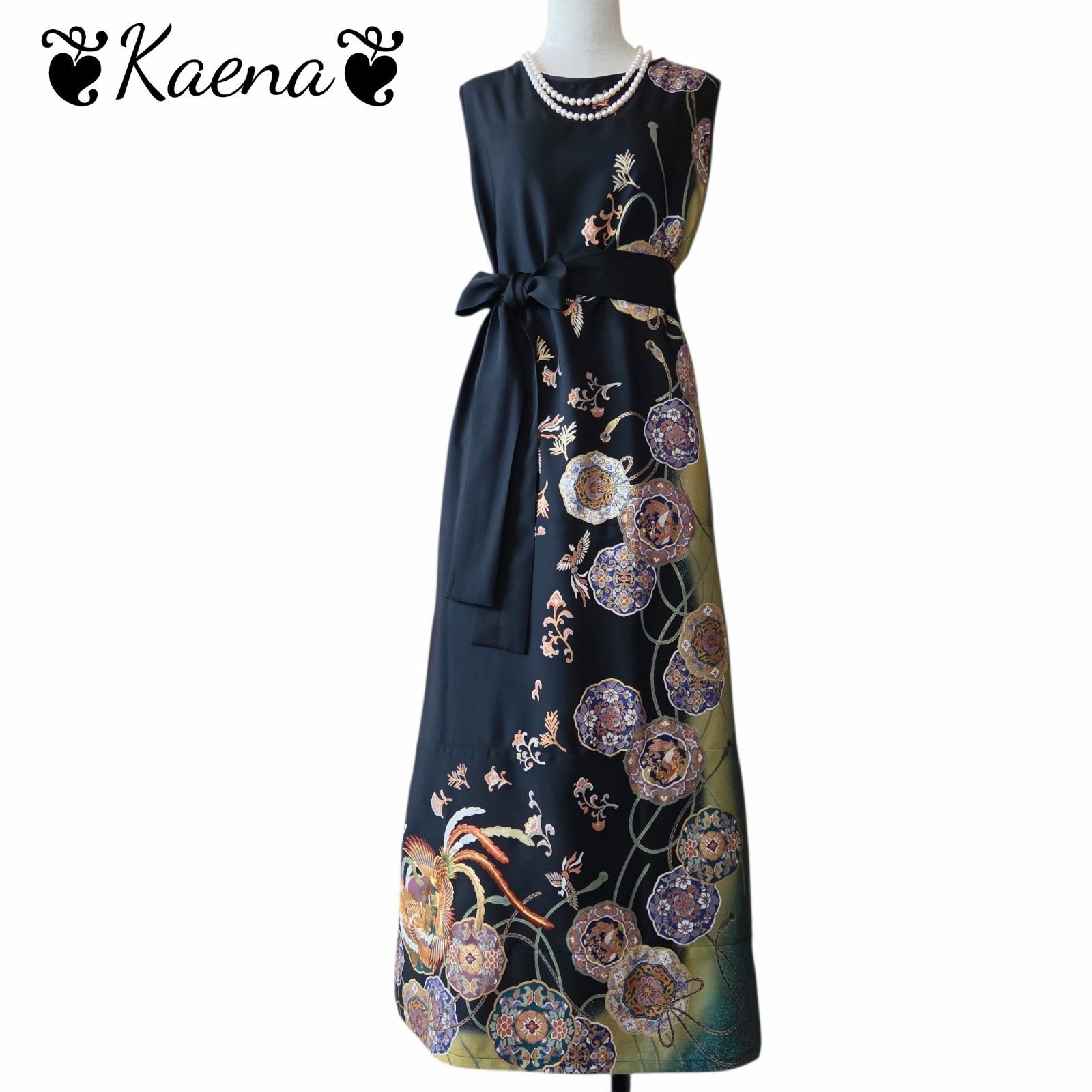 ❦Kaena❦ 着物リメイク ワンピース ロング マキシ ドレス Aライン 黒