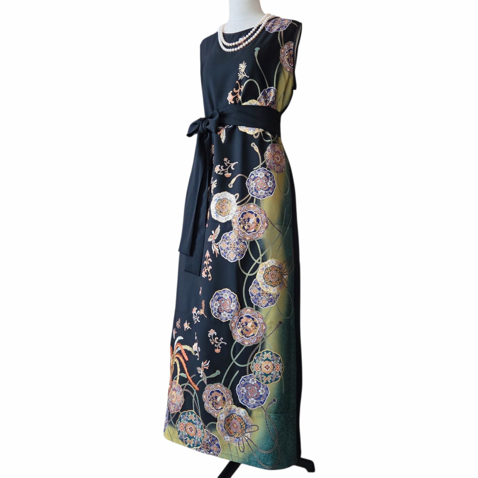 ❦Kaena❦ 着物リメイク ワンピース ロング マキシ ドレス Aライン 黒