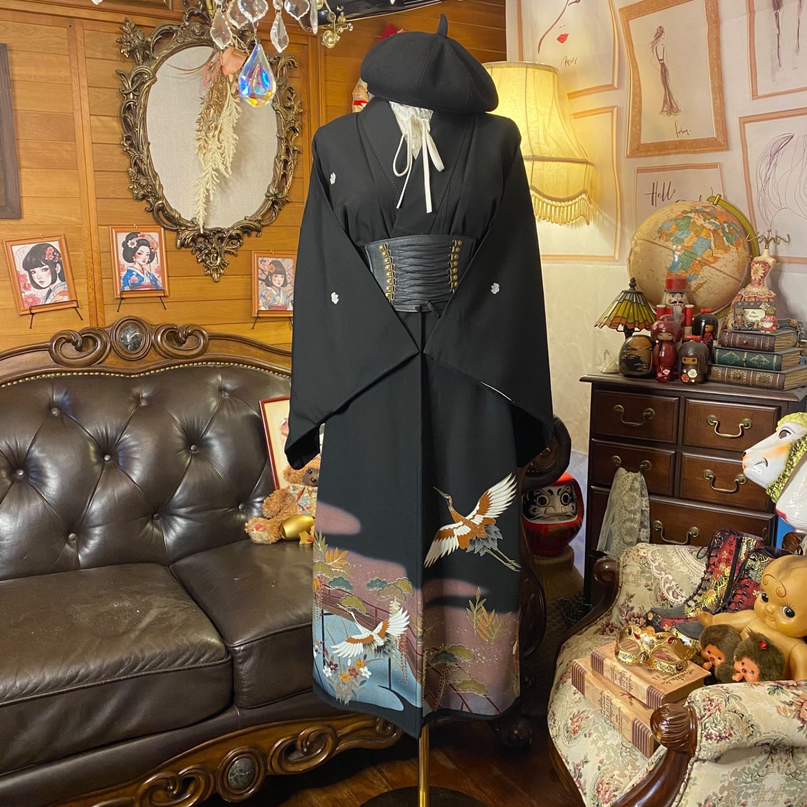 黒留袖 着物 リメイク ワンピース ドレス セミロング 和洋折衷 洗える