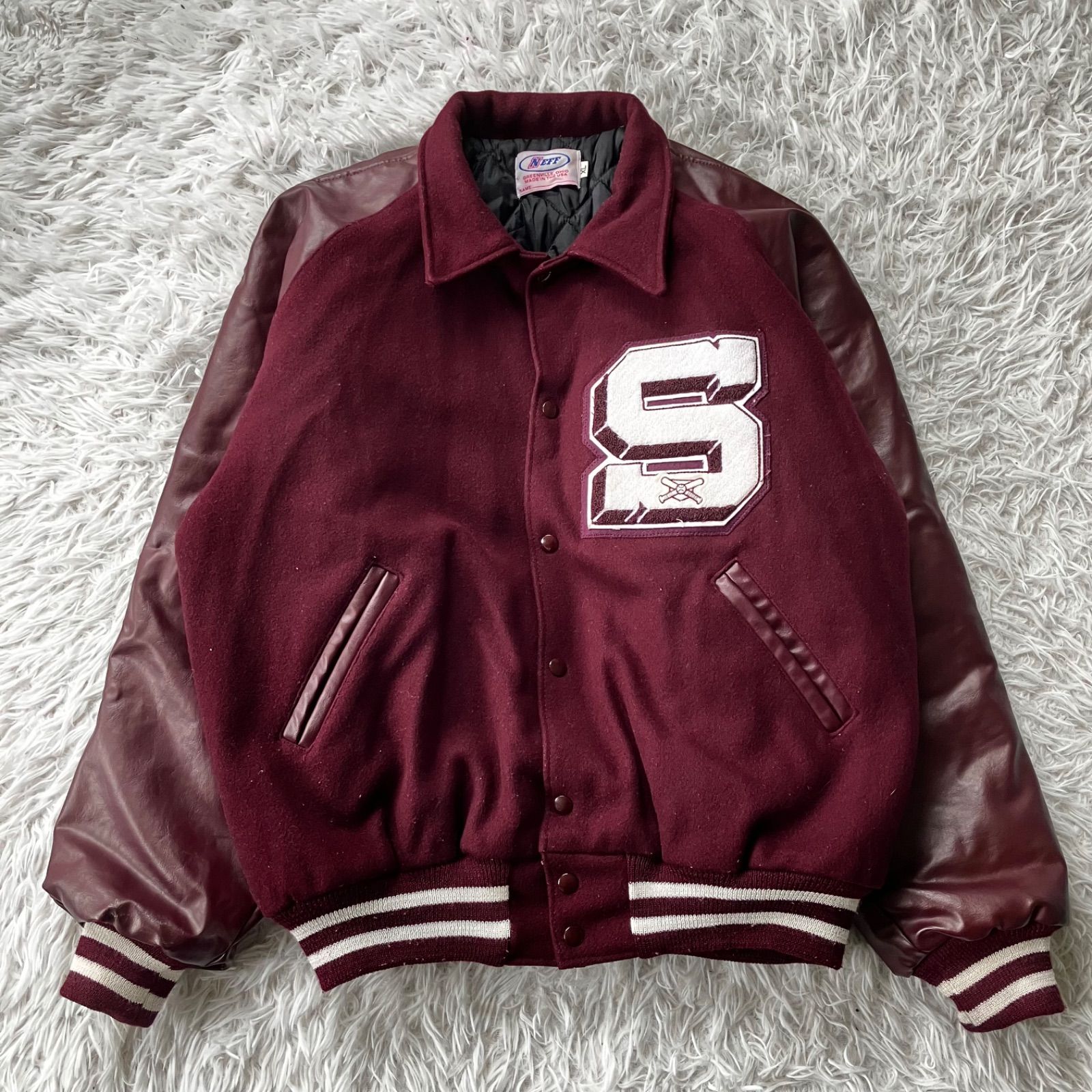 NEFF スタジャン 90's vintage オーバーサイズ USA レザー NEFF 90sスタジャン 刺繍 vintage USA製 レザー 襟付き XL 古着