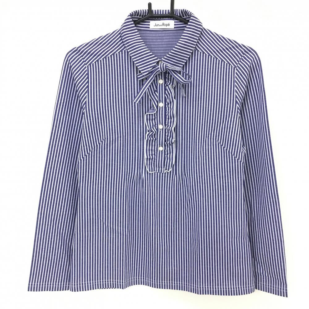 超美品】ジュンアンドロペ 長袖ポロシャツ ブルー×白 ストライプ